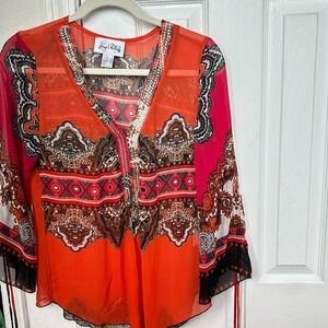 Joseph Ribkoff Orange Sheer Top Bling Jewel Boho